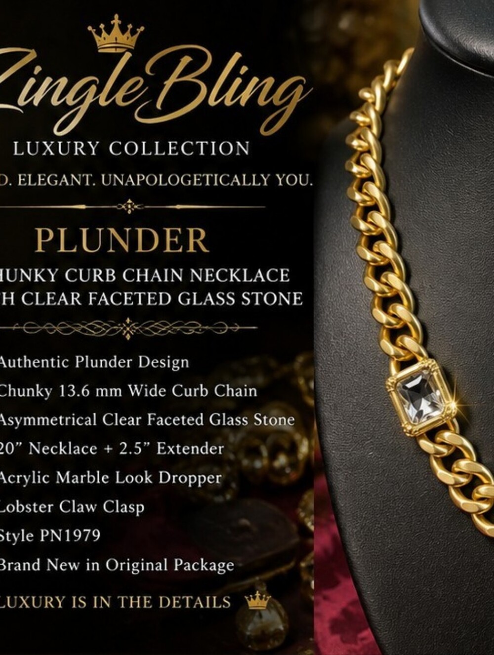 Plunder Chunky Gold Tone Curb Chain Clear Glass Statement Necklace 20 Inch